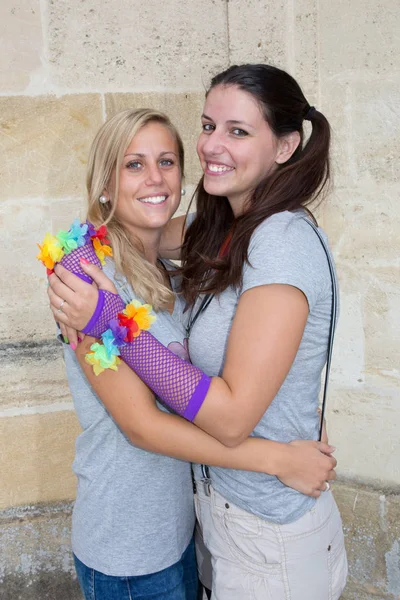 Two Beauty Young Woman Hug Outdoor Lesbian Love — Stock Photo, Image