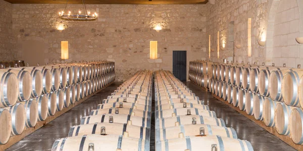 Vinhos Fermentando Grandes Barris Tradicionais Carvalho Adega Castelo Bordéus França — Fotografia de Stock