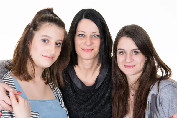 Retrato Una Feliz Madre Soltera Sonriente Con Dos Hijas Adolescentes — Foto de Stock