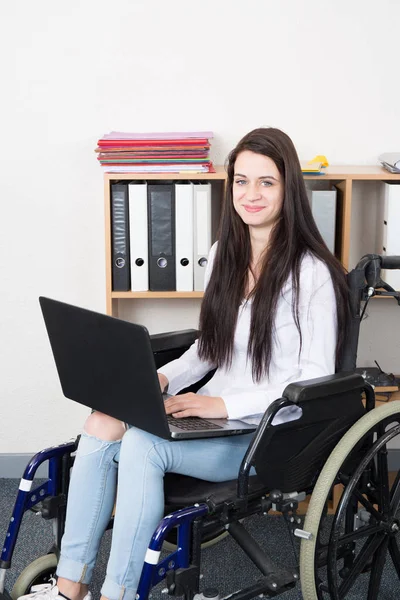 Beautiful Female Office Worker Wheelchair Holding Laptop Smiling Camera — Stock Photo, Image