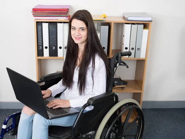 Young Disabled Woman Wheelchair Working Office Building — Stock Photo, Image