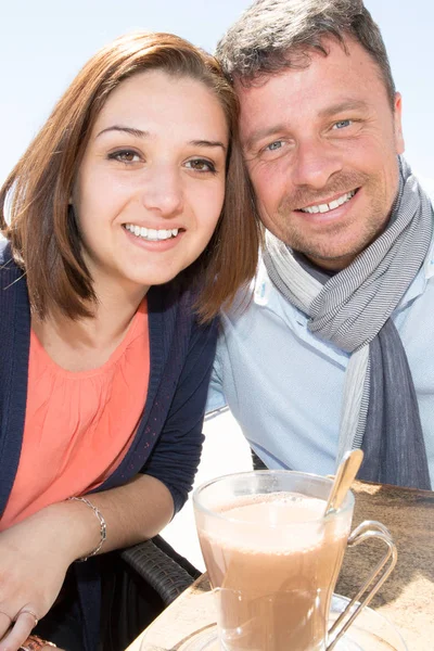 Cheerful Couple Restaurant Terrace Happy Love Smiling — Stock Photo, Image