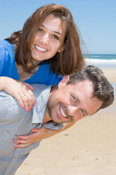 Piggyback Woman Man Couple Love Sand Beach Vacation Summer — Stock Photo, Image