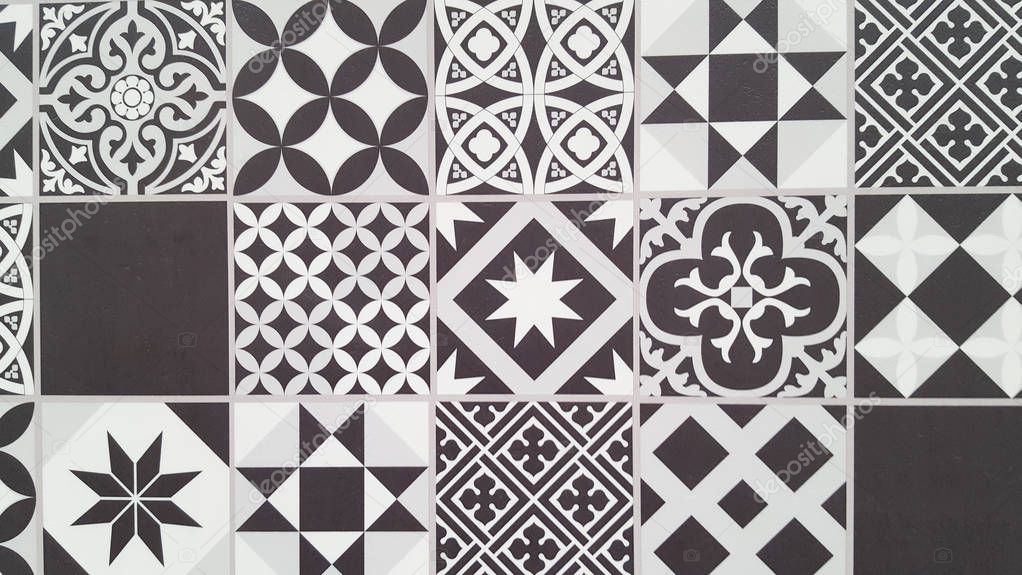 Portuguese tiles pattern Lisbon seamless black and white tile design in Azulejos vintage geometric ceramics