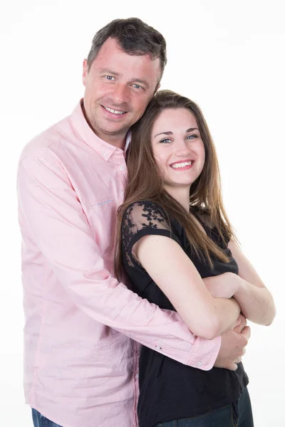 Fröhliches Paar Verliebt Junge Und Mädchen Weißen Studio Hintergrund — Stockfoto