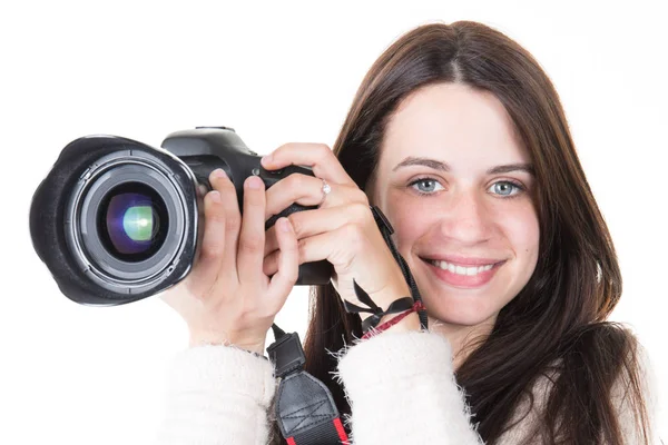 Sorrindo Jovem Fotógrafo Profissional Menina Posando Estúdio — Fotografia de Stock