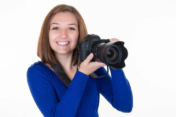 Portret Van Vrouw Fotograaf Die Betrekking Hebben Gezicht Met Dslr — Stockfoto