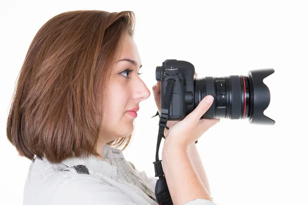 Aantrekkelijke Jonge Vrouw Profiel Foto Praten Witte Achtergrond — Stockfoto