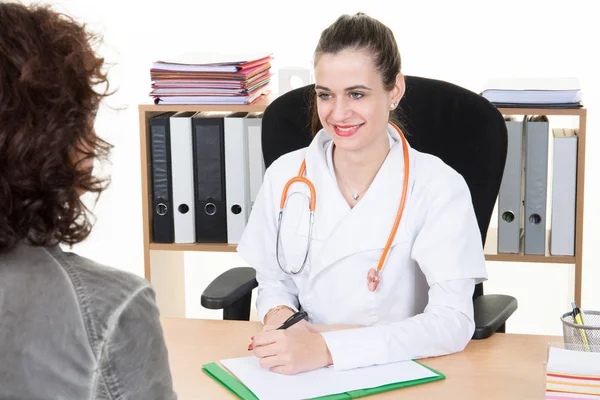 Beautiful Female Doctor Sitting Her Desk Front Patient Girl — Stock Photo, Image