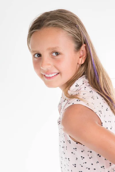 Bastante Ajuste Delgada Niña Flores Vestido Sonrisa Feliz Bajo Fondo — Foto de Stock