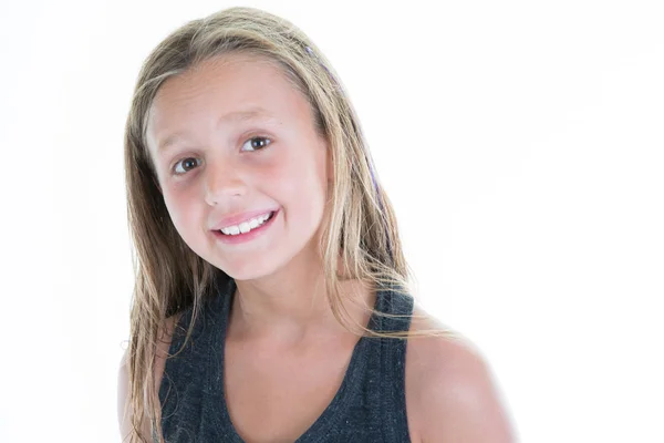 Krásná Mladá Dívka Portrét Radost Úsměv Tvář Bílém Pozadí — Stock fotografie