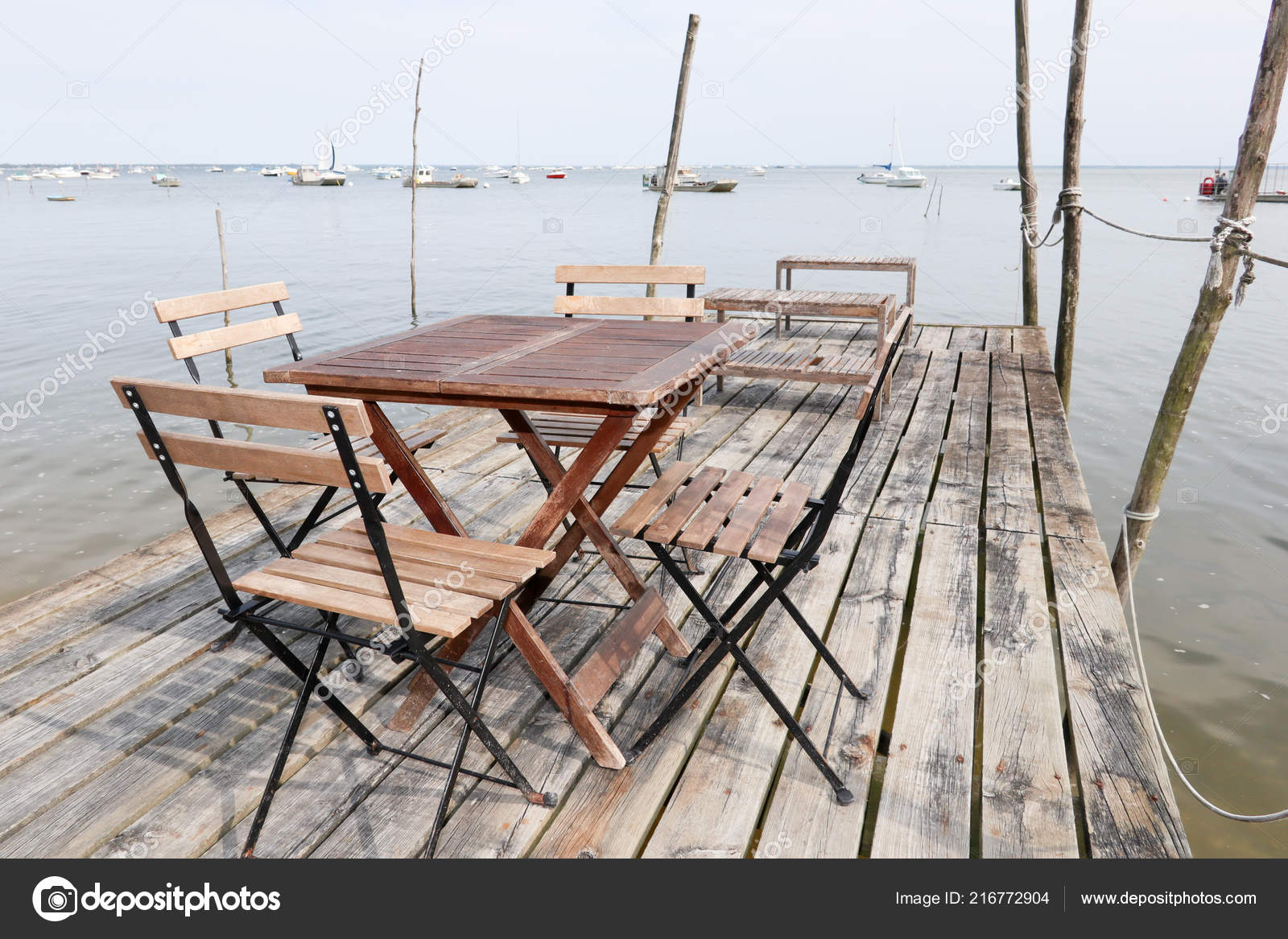 Wooden Chairs Tables Installed Pontoon Edge Arcachon Basin