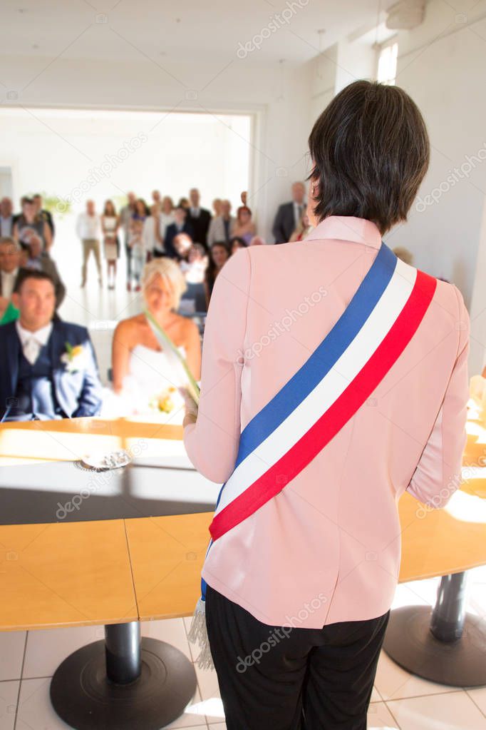 Flag french for the mayor woman during wedding at city hall