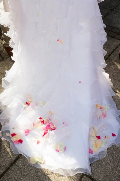 Zadní Pohled Nevěsta Svatební Šaty Růžovými Květy Růžové Lístky — Stock fotografie