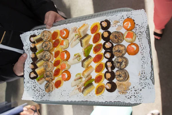 Catering Service Plate Canapes Appetizing Sandwiches — Stock Photo, Image