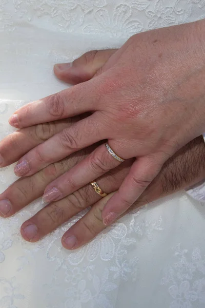 Newly Marriage Couple Hands Wedding Rings — Stock Photo, Image