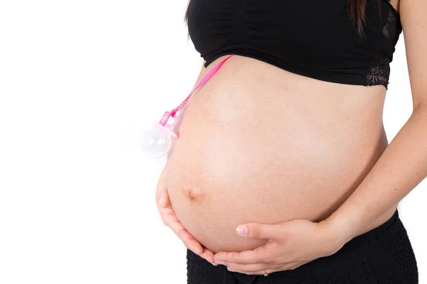 Detalhe Close Grávida Mulher Acariciando Sua Barriga Sobre Fundo Branco — Fotografia de Stock