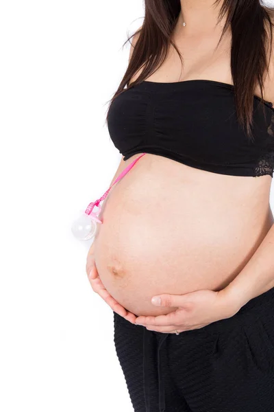 Elle Beyaz Arka Plan Üzerinde Izole Mide Karın Hamile Kadın — Stok fotoğraf