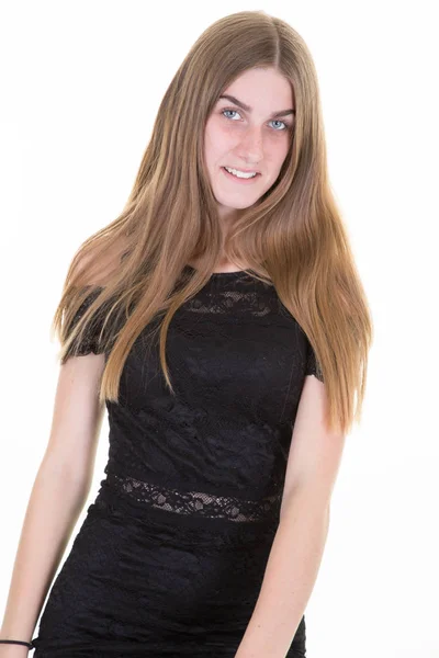 Modische Schöne Junge Mädchen Schwarzem Kleid Auf Weißem Hintergrund — Stockfoto