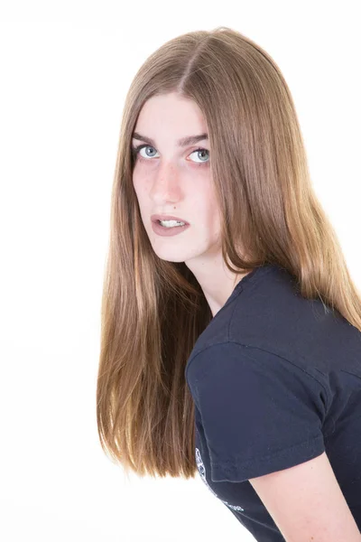 Mode Schönheit Junge Frau Lange Haare Auf Weißem Hintergrund — Stockfoto