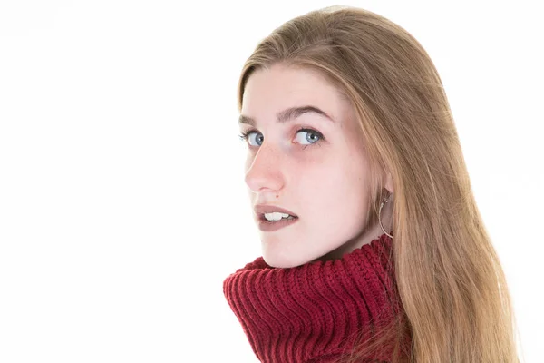 Niedliche Schönheit Portrait Profil Rotem Pullover Auf Weißem Hintergrund — Stockfoto