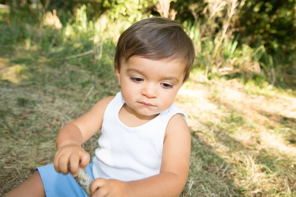 Glücklicher Kleiner Junge Spielt Sommergarten Rasenpark — Stockfoto