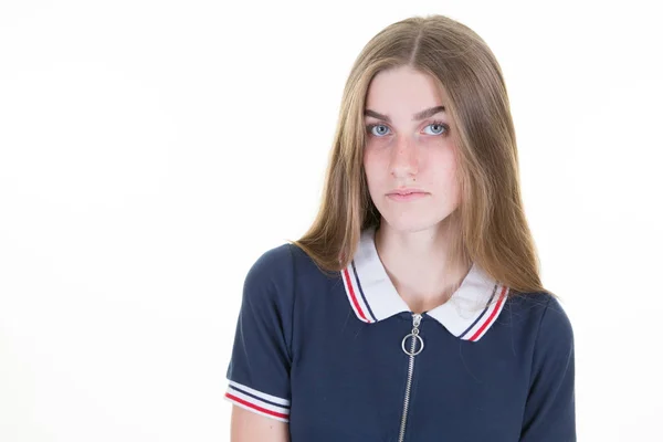 Porträt Einer Jungen Frau Blauem Hemd Und Weißem Hintergrund — Stockfoto