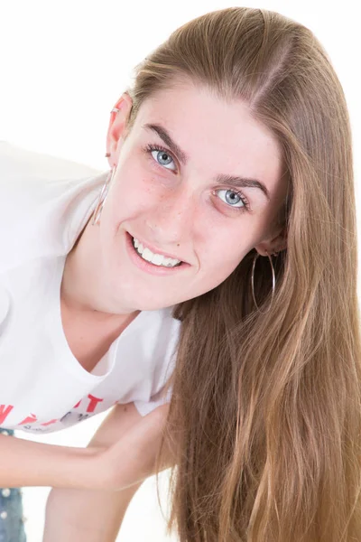 Schöne Frau Gesicht Nahaufnahme Porträt Junge Mädchen Studio Auf Weißem — Stockfoto