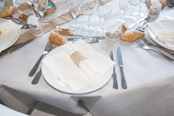 Cenário Branco Mesa Para Uma Festa Festa Casamento — Fotografia de Stock