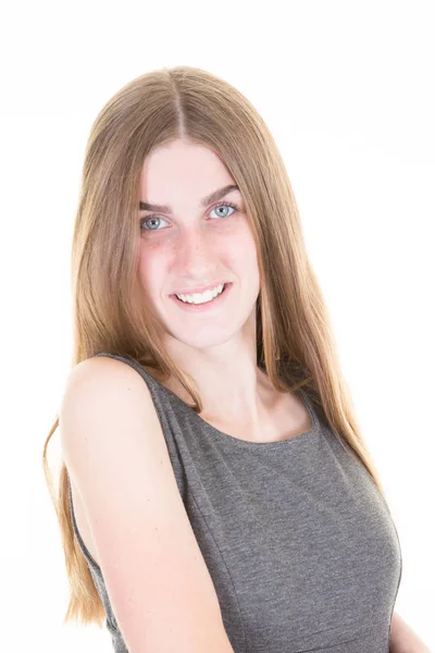 Retrato Jovem Bonito Alegre Jovem Mulher Sorrindo Olhando Para Câmera — Fotografia de Stock