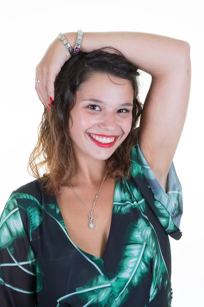 Trendy Vrouw Dragen Zwarte Groene Blouse Doek Mode Glimlach Blij — Stockfoto