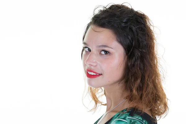 Retrato Chica Morena Con Maquillaje Rojo Aislado Blanco — Foto de Stock