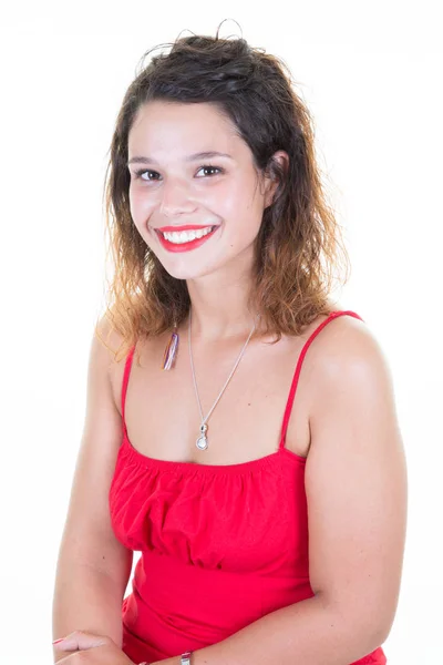 Mooie Gekrulde Jonge Vrouw Rode Jurk Witte Achtergrond — Stockfoto