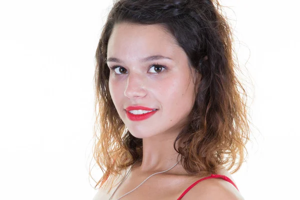 Indoor Portrait Beautiful Brunette Young Curly Woman Smiling Cheerfully Showing — Stock Photo, Image