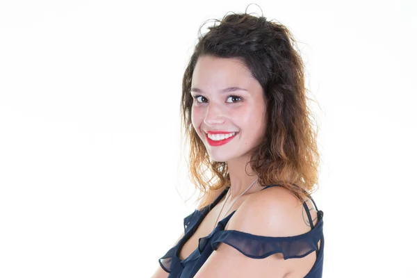 Hermoso Retrato Mujer Joven Vestido Azul Sonrisa Feliz Fondo Blanco — Foto de Stock