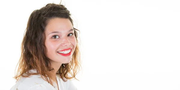 Bonito Retrato Jovem Mulher Com Espaço Branco Cópia Branco — Fotografia de Stock