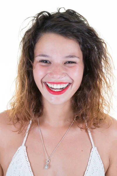 Mulher Bonita Com Cabelo Castanho Encaracolado Fechar Sorrindo Rindo Menina — Fotografia de Stock