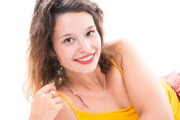 Portrait Cheerful Young Woman Lying White Floor — Stock Photo, Image