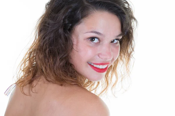 Joven Alegre Hermosa Mujer Sonriendo Riendo Sobre Fondo Blanco — Foto de Stock