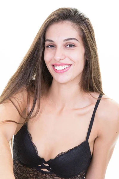 Retrato Feliz Sonriente Joven Hermosa Mujer Sobre Fondo Blanco — Foto de Stock