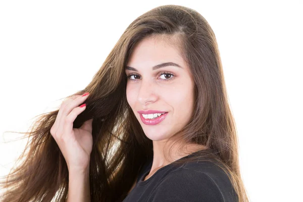 Retrato Una Joven Bella Mujer Sonriente Aislada Sobre Fondo Blanco —  Fotos de Stock