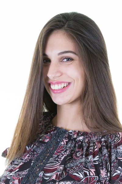 Retrato Jovem Feliz Sorrindo Bonita Mulher Isolada Fundo Branco — Fotografia de Stock