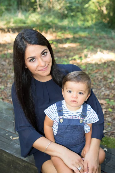 Pretty Brunette Young Woman Long Hairs Cute Son Child Boy — Stock Photo, Image