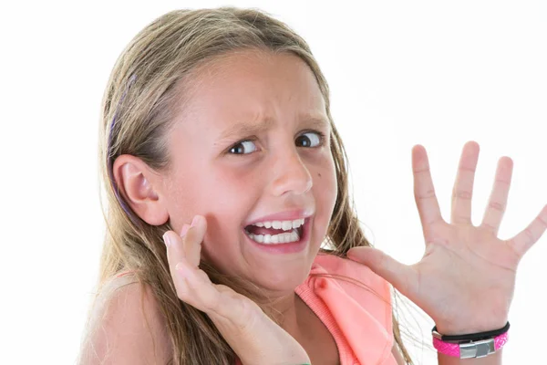 Triest Beledigd Meisje Huilt Kind Witte Achtergrond — Stockfoto