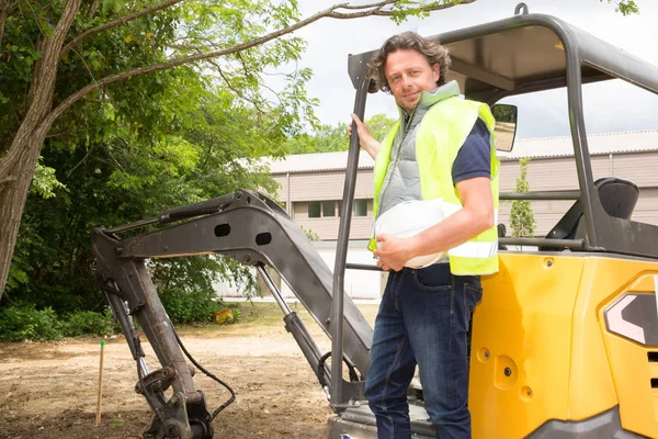 Glada Bonstruction Webbplats Mannen Arbetare Körning Gul Digger — Stockfoto