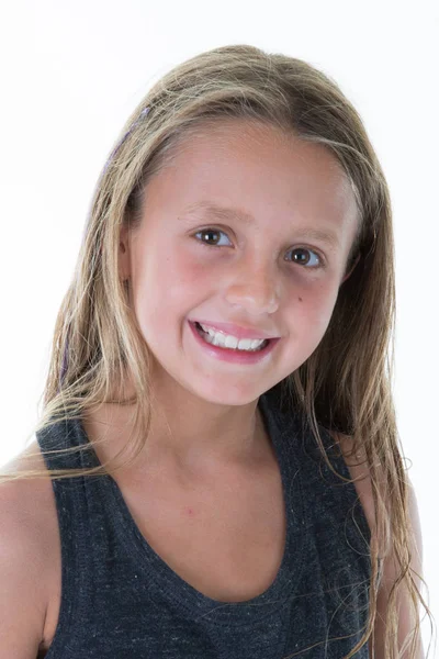 Linda Menina Feliz Sorrindo Estúdio Isolado Fundo Branco — Fotografia de Stock