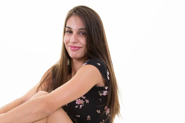 Bella Ragazza Bruna Sorriso Ritratto Uno Stile Vita Sfondo Bianco — Foto Stock