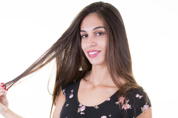 Retrato Jovens Muito Positivo Menina Mãos Cabelo Sorrindo Olhando Para — Fotografia de Stock