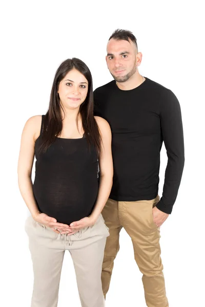 顔縦ヒップスター白で隔離の男性と妊娠中の女性 — ストック写真
