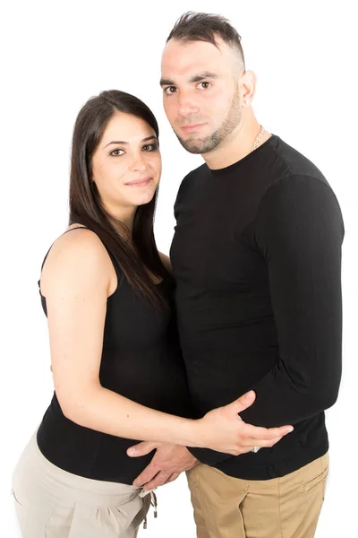 Πλευρά Άποψη Πορτρέτο Του Μια Νεαρή Έγκυο Γυναίκα Αγκαλιάζοντας Αρσενικό — Φωτογραφία Αρχείου